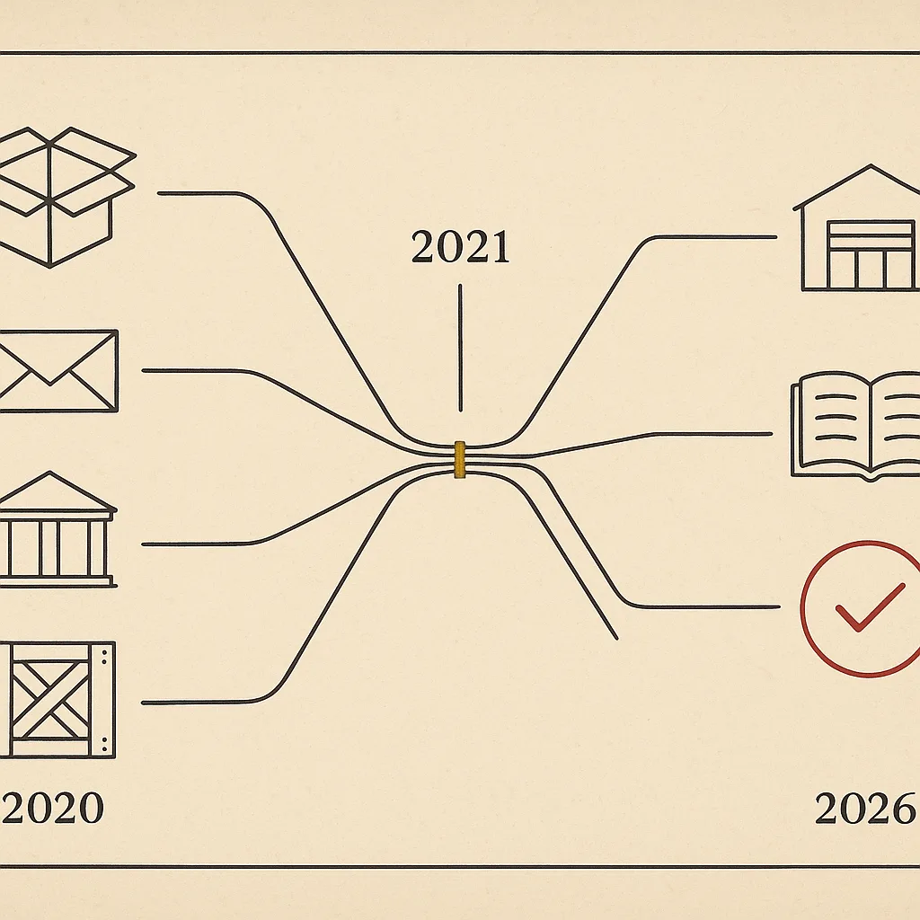 Flat archival branching diagram: four 2020 emergency PPE channels — donation box, broker envelope, medical society, freight crate — converge through a narrow 2021 pinch marked with a brass tick, then re-emerge as three orderly 2026 channels ending in a distributor warehouse, a group-purchasing ledger, and an oxblood verification checkmark
