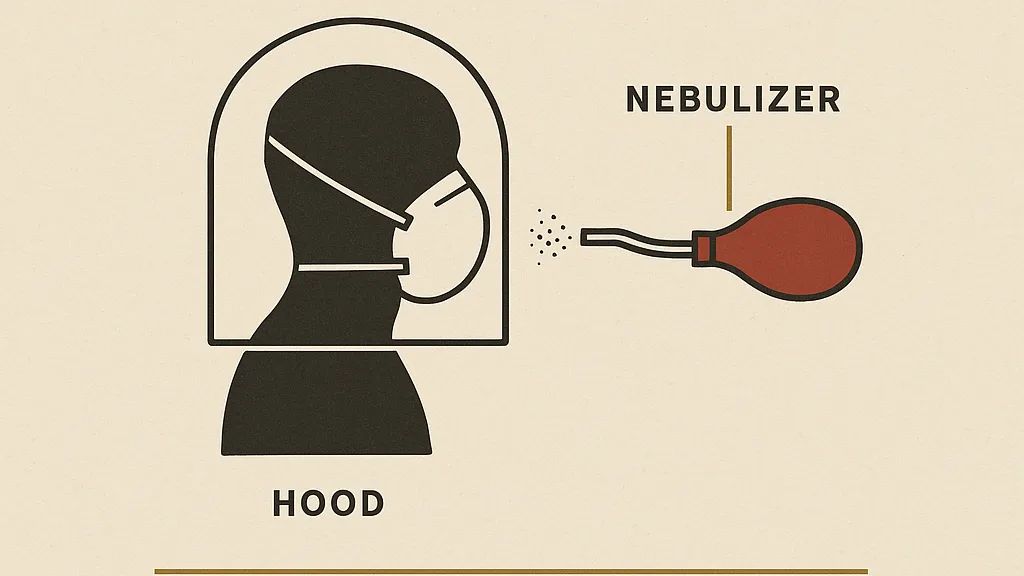 Flat archival diagram of a qualitative fit test: a featureless profile silhouette wearing an N95 inside a clear test hood, with a labeled oxblood bulb nebulizer spraying aerosol toward the hood's side port